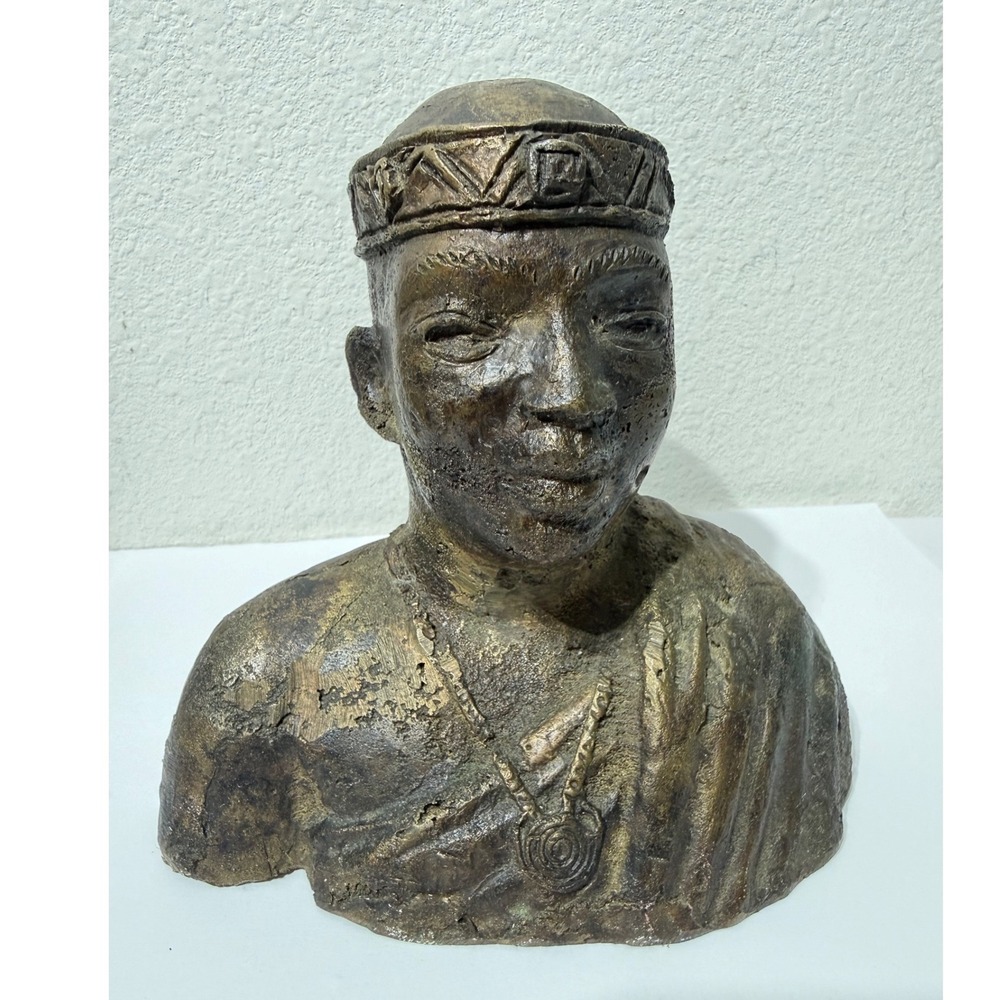 Vintage Handcrafted Ghana Brass Bronze African Male Bust Statue West African Art